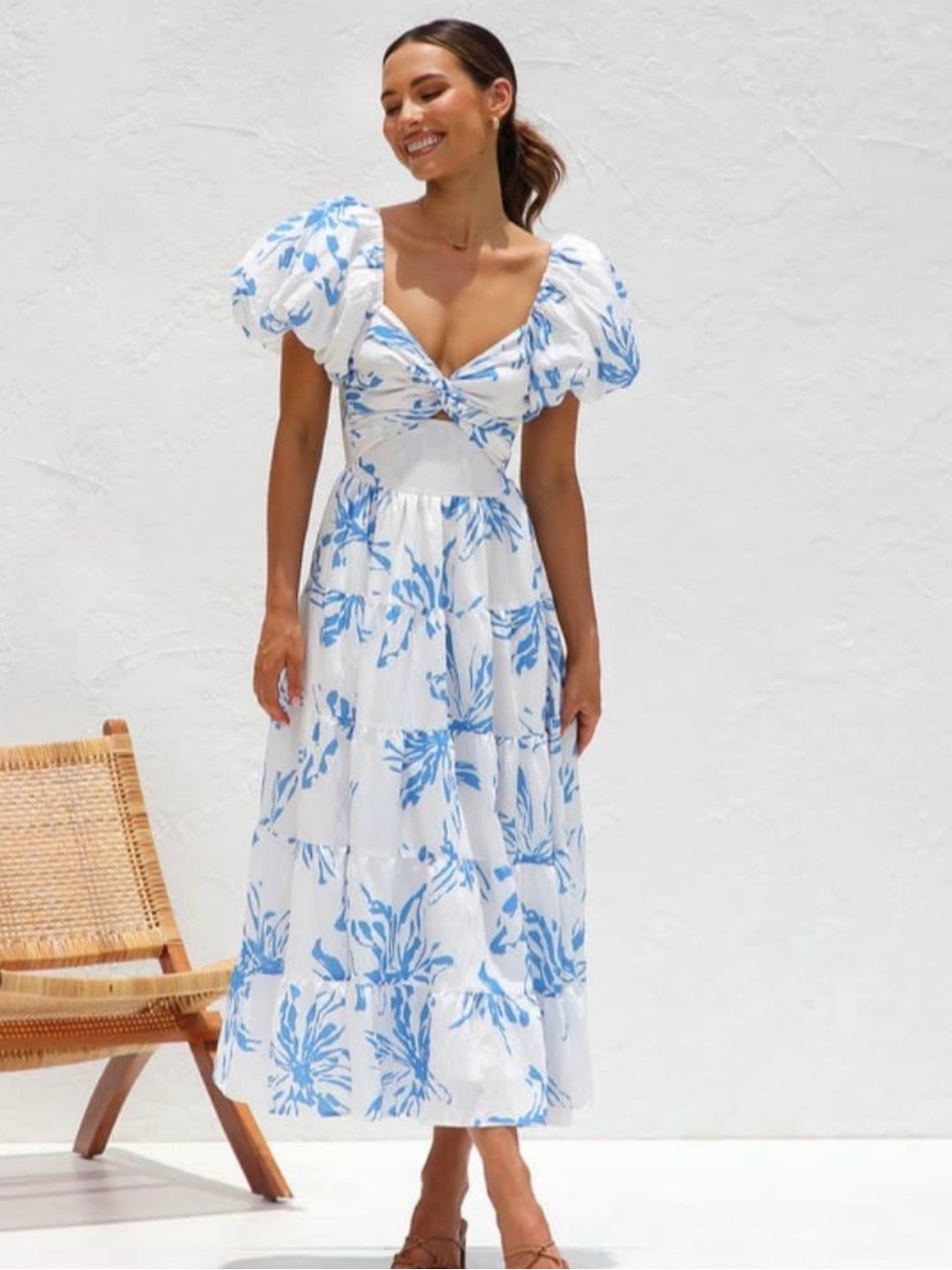 Commense White Maxi Dress with Blue Floral Print and Puff Sleeves